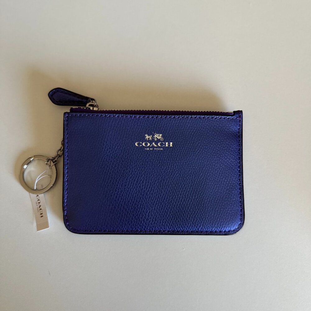 NWT Coach Metallic/Hologram Purple Card Wallet w/Keychain